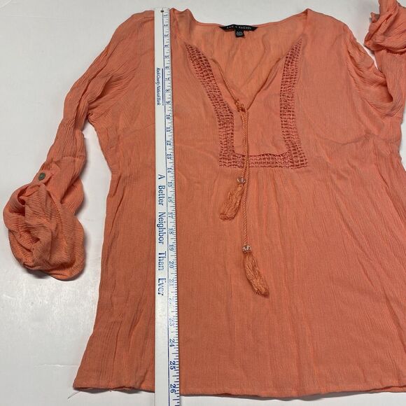 Zac & Rachel Boho Blouse Sz XL Coral/Orange Roll Tab Sleeve Gauze Tassels Beads - Picture 3 of 9